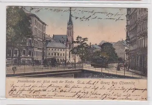 904726 Ak Gruß aus Chemnitz Nicolaibrücke mit Blick nach der Kirche 1910