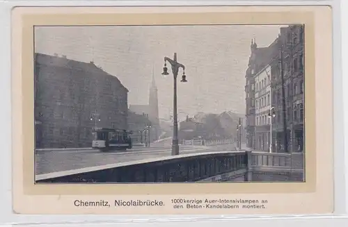 904720 Ak Chemnitz Nicolaibrücke Laterne mit Auer Intensivlampen um 1930
