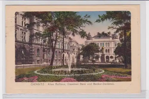 905119 Ak Chemnitz - Altes Rathaus, Dresdner Bank und Becker-Denkmal 1920