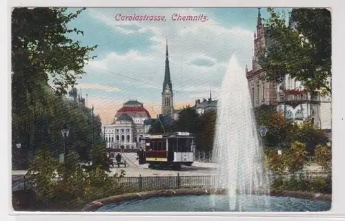906287 Ak Chemnitz - Carolastraße mit Straßenbahn 1909