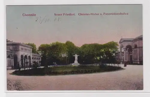 905737 Ak Chemnitz - neuer Friedhof, Christus-Statue u. Parentationshallen 1908