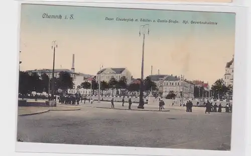 906082 Ak Chemnitz Neuer Theaterplatz, Schiller- und Carolastr., Gewerbeakademie