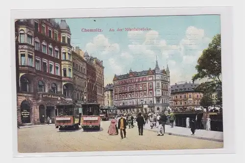 906081 Ak Chemnitz - An der Nikolaibrücke mit Straßenbahn Nr. 4 und 11 1910