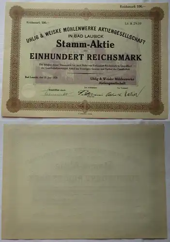 100 Mark Aktie Uhlig & Weiske Mühlenwerke AG Bad Lausick 15.Juni 1928 (130580)