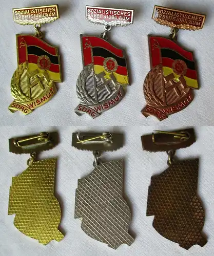 3 DDR Abzeichen SDAG Wismut Sozialistisches Arbeitsjubiläum Gold, Silber, Bronze