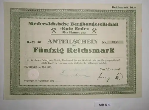 50 RM Aktie Niedersächsische Bergbaugesell. Rote Erde Hannover Mai 1926 (128683)