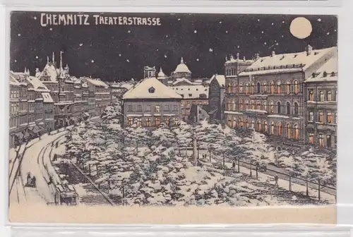 904949 Künstler AK Chemnitz - Theaterstrasse, Straßenansicht m. Straßenbahn 1909