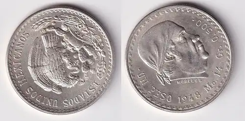 1 Peso Silber Münze Mexiko Morelos 1948 vz (162761)