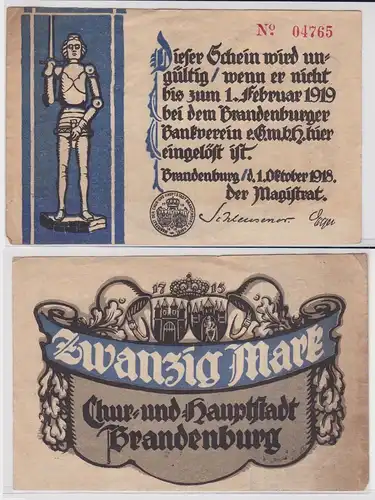 20 Mark Banknoten Notgeld Chur- und Hauptstadt Brandenburg 1.2.1919 (158545)