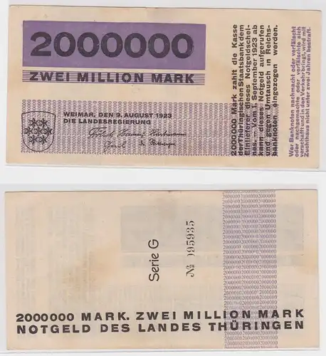2 Millionen Mark Banknote Landesregierung Weimar 9.8.1923 (156419)