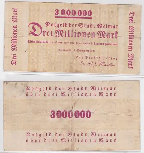 3 Millionen Mark Banknote Notgeld der Stadt Weimar 1.September 1923 (156020)