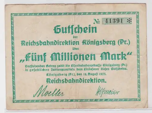 5 Millionen Mark Banknote Reichsbahndirektion Königsberg in Pr. 18.8.23 (158595)