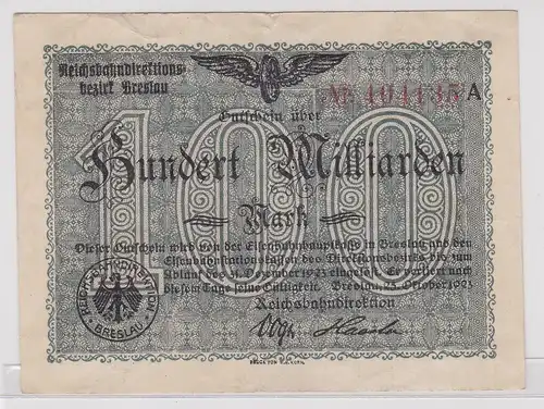 100 Milliarden Mark Banknote Reichsbahndirektion Breslau 25.10.1923 (157564)