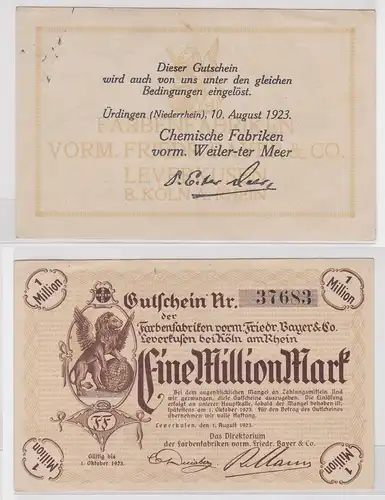 1 Mill. Mark Banknote Farbenfabriken Bayer Leverkusen bei Köln 1.8.1923 (150968)