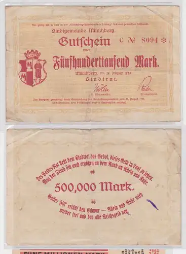 Banknote 500000 Mark Notgeld Stadtgemeinde Münchberg  17.08.1923 (159458)