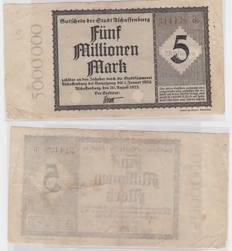 Banknote 5 Millionen Mark Notgeld Stadt Aschaffenburg 20.August 1923 (150421)