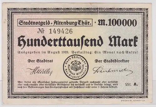 Banknote Inflation 100000 Mark Stadt Altenburg in Thüringen 1923 (157678)