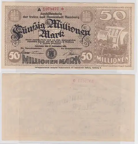 50 Millionen Mark Banknote Aushilfsschein Hansestadt Hamburg 27.9.1923 (156625)