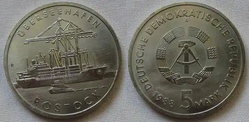 DDR Gedenk Münze 5 Mark Überseehafen Rostock 1988 Stempelglanz (162576)