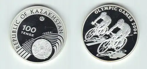 100 Tenge Silbermünze Kasachstan 2004 Olympiade Athen Radfahrer PP (143477)