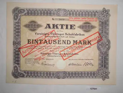 1000 Mark Aktie Vereinigte Thüringer Schuhfabriken Berlin 9.Februar 1922(127641)