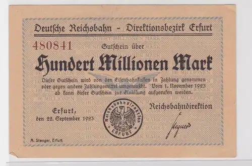 100 Millionen Mark Banknote Reichsbahndirektion Erfurt 22.09.1923 (137678)