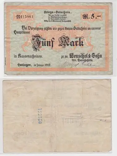 5 Mark Banknote Notgeld Hattingen Henschel & Sohn Januar 1917 (137769)