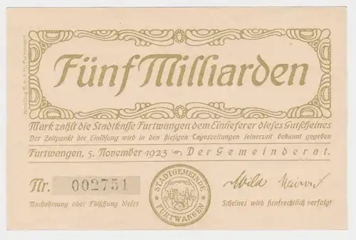 5 Milliarden Mark Banknote Gemeinderat Furtwangen 5.11.1923 (140061)