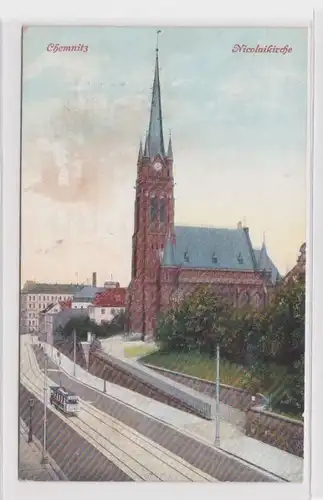 905426 Feldpost Ak Chemnitz - Nicolaikirche, Straßenansicht mit Straßenbahn 1915
