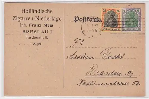 41048 Postkarte Zudruck Holländische Zigarren-Niederlage Breslau 1922