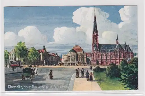 905273 Künstler Ak Chemnitz - Neues Theater, Museum und Petrikirche 1919