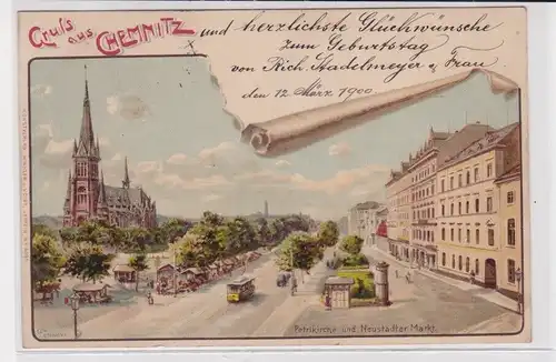 905148 Ak Gruss aus Chemnitz - Petrikirche und Neustädter Markt 1900