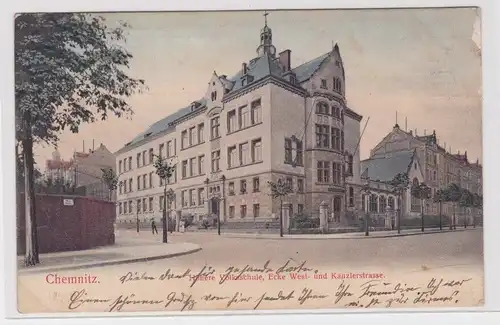 905017 Feldpost Ak Chemnitz - Höhere Volksschule, Ecke West- und Kanzlerstr 1909