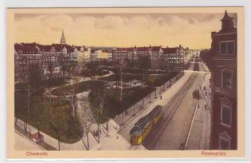 905295 Ak Chemnitz - Rosenplatz, Totalansicht mit Straßenbahn und Park
