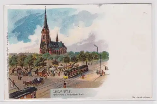 905183 Ak Chemnitz - Petrikirche u. Neustädter Markt, Straßenansicht um 1900