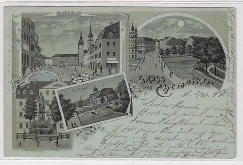 904937 Ak Gruss aus Chemnitz - Nicolaibrücke, Saxonia Brunnen, Markthalle 1899