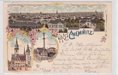 905203 Lithographie Ak Gruss aus Chemnitz - Rathaus, Siegesdenkmal 1898