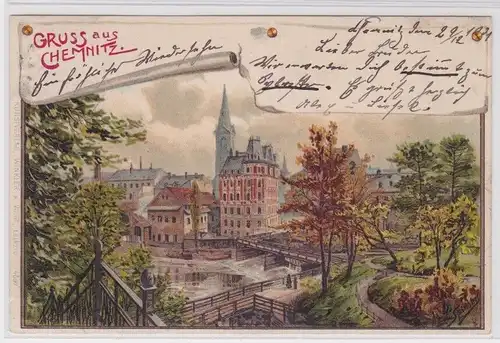 904639 Ak Gruss aus Chemnitz - Stadtansicht mit Flusspartie 1901