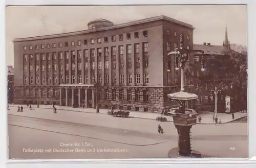 59479 Ak Chemnitz - Falkeplatz mit Deutscher Bank und Verkehrsturm 1928
