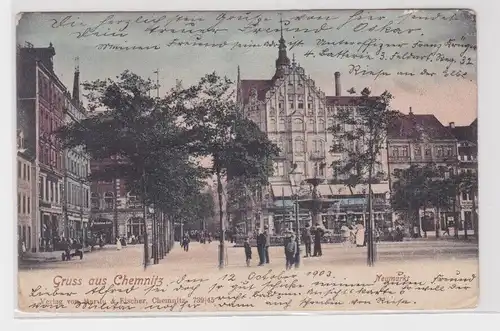45946 Ak Gruss aus Chemnitz - Neumarkt mit Brunnen und Geschäften 1903 USA