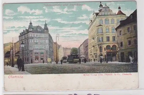 62585 Ak Chemnitz - Johannisplatz und Poststrasse mit Straßenbahn