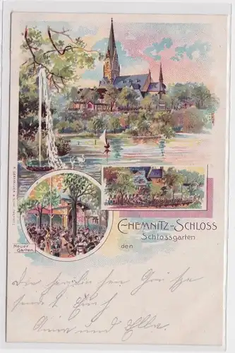 91807 Ak Chemnitz - Schloss mit Schlossgarten, Garten- und Teichpartie 1901