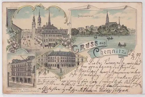 48244 Lithografie Ak Gruss aus Chemnitz - Cacaohaus Kiehl, Schlossteich 1899