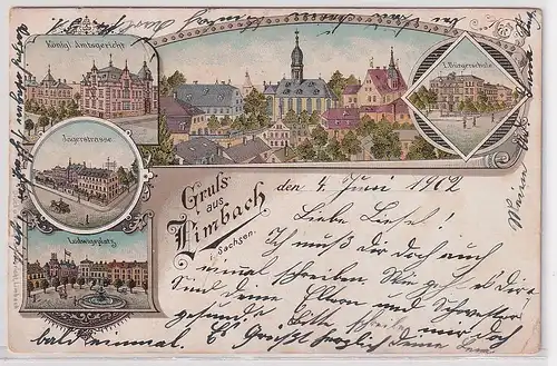 37360 Ak Lithographie Gruß aus Limbach in Sachsen Jägerstraße usw. 1902