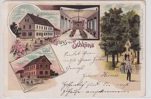 31669 Ak Lithographie Gruß aus Schköna Gasthof, Schule usw. 1902