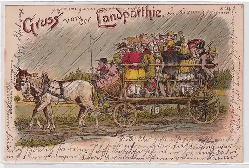 50094 Bruno Bürger Ak Lithographie Gruß von der Landparthie Pferdewagen 1900