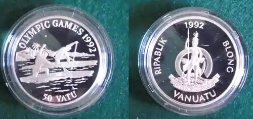 50 Vatu Silber Münze Vanuatu 1992 Olympische Spiele 1992 Kanufahrer (125739)