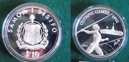 10 Dollar Silber Münze Samoa Olympiade 1992 Barcelona Speerwerfer (122108)