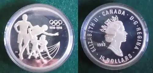 15 Dollar Silbermünze Kanada 100 Jahre Olympische Spiele 1992 (125772)