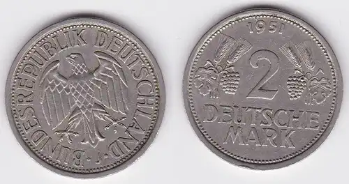 2 Mark Nickel Münze BRD Trauben und Ähren 1951 J (120398)